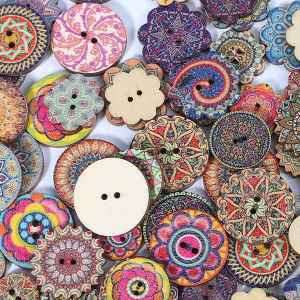 50pcs Wooden Retro Pattern Series Buttons