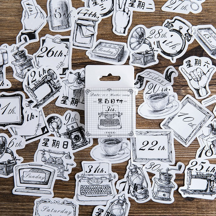 45PCS Black White Diary Decorative Stickers