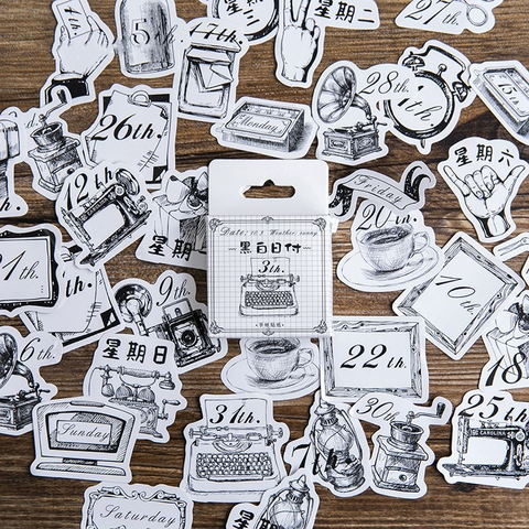 45PCS Black White Diary Decorative Stickers