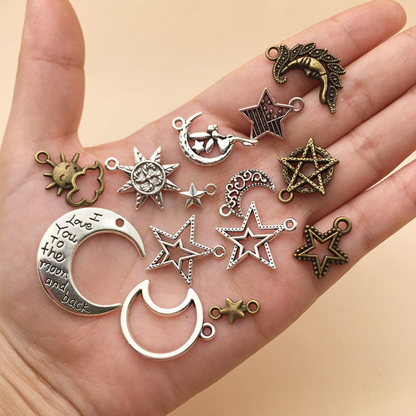 76pcs Alloy Star Moon Silver Pendants