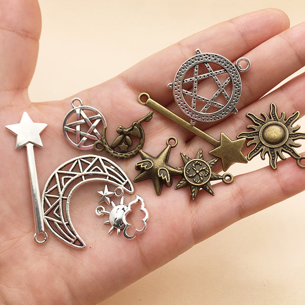 76pcs Alloy Star Moon Silver Pendants