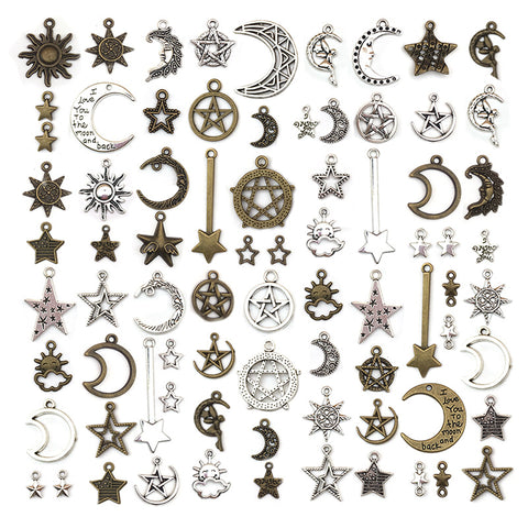 76pcs Alloy Star Moon Silver Pendants