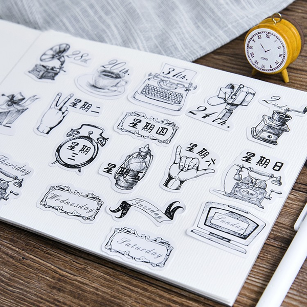45PCS Black White Diary Decorative Stickers
