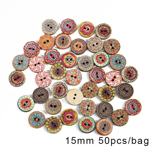 50pcs Wooden Retro Pattern Series Buttons