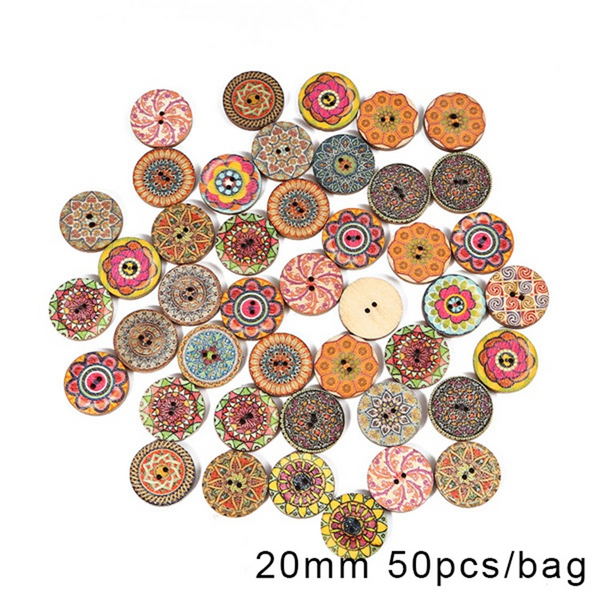 50pcs Wooden Retro Pattern Series Buttons