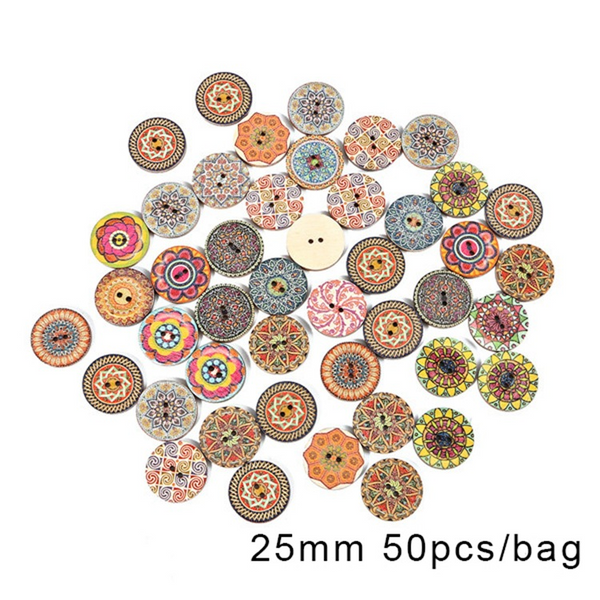 50pcs Wooden Retro Pattern Series Buttons