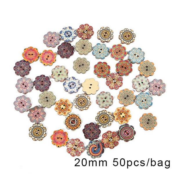 50pcs Wooden Retro Pattern Series Buttons