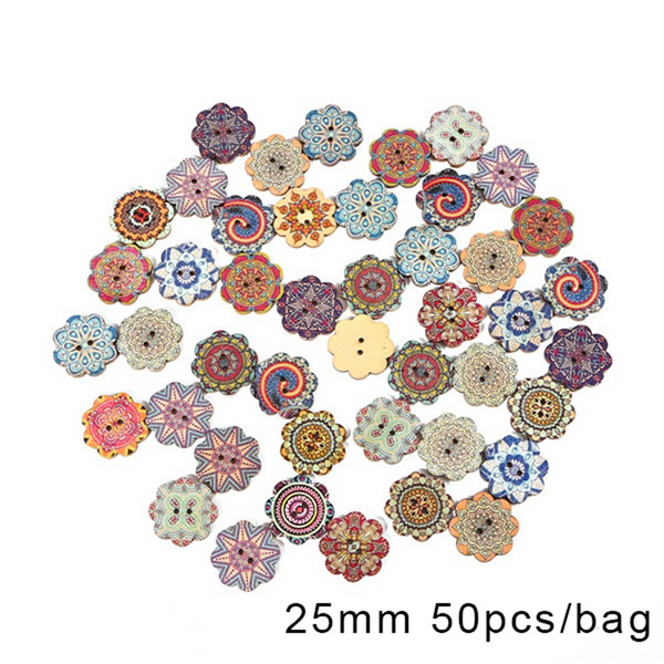 50pcs Wooden Retro Pattern Series Buttons