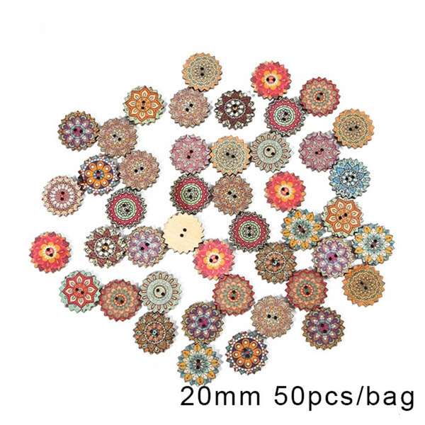 50pcs Wooden Retro Pattern Series Buttons