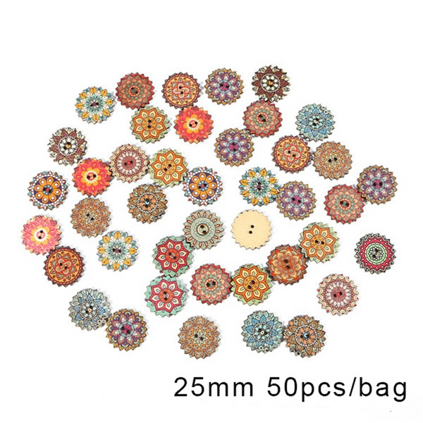 50pcs Wooden Retro Pattern Series Buttons