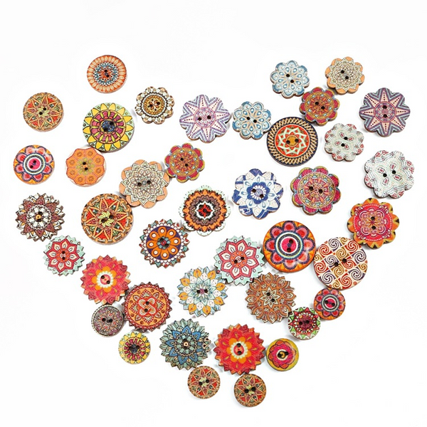 50pcs Wooden Retro Pattern Series Buttons