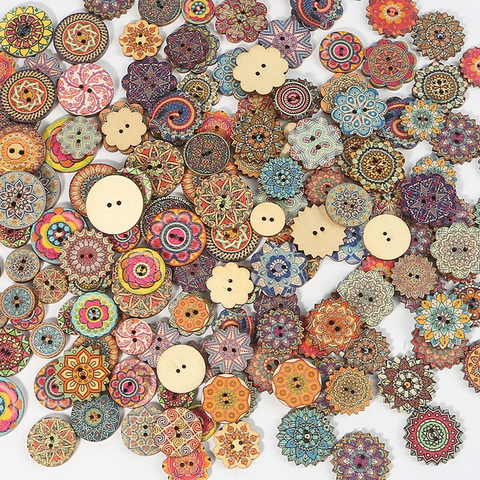 50pcs Wooden Retro Pattern Series Buttons